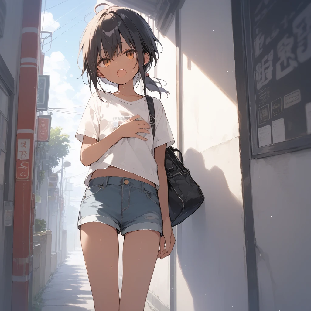 score_9, score_8_up, score_7_up, source_anime, best quality, masterpiece, official art, absurdres, highres, ultra-detailed,waifu2x,Collection: Slice of Life,break,1girl, tomboy, dark-skinned female, short hair, low ponytail, flat chest, beautiful detailed eyes, short shorts, sweat, open mouth, (yawn:0.3), sleepily, outdoors, wind, break,(clear line illustration:1.2),very high resolution, very aesthetic, super detailed skin, Best sexual lighting powered by famous artist, 8k,cute picture,beauty illustration,photoshop_(medium),,(Detailed Lighting),best anime 8k konachan wallpaper, pixiv contest winner,
