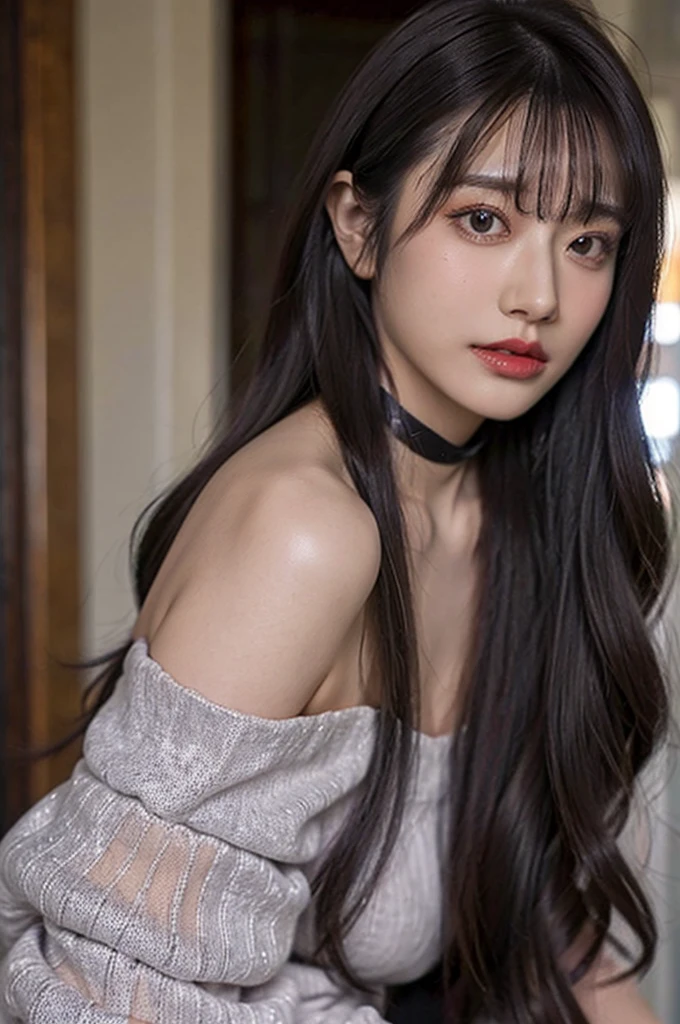 Big Tits,Clothing,Décolletage,Off the shoulder,Plump flesh,254K,choker,Heavy makeup,Center-parted bangs,Silver ash hair color,long hair,Curly Hair,Rui々Skin type