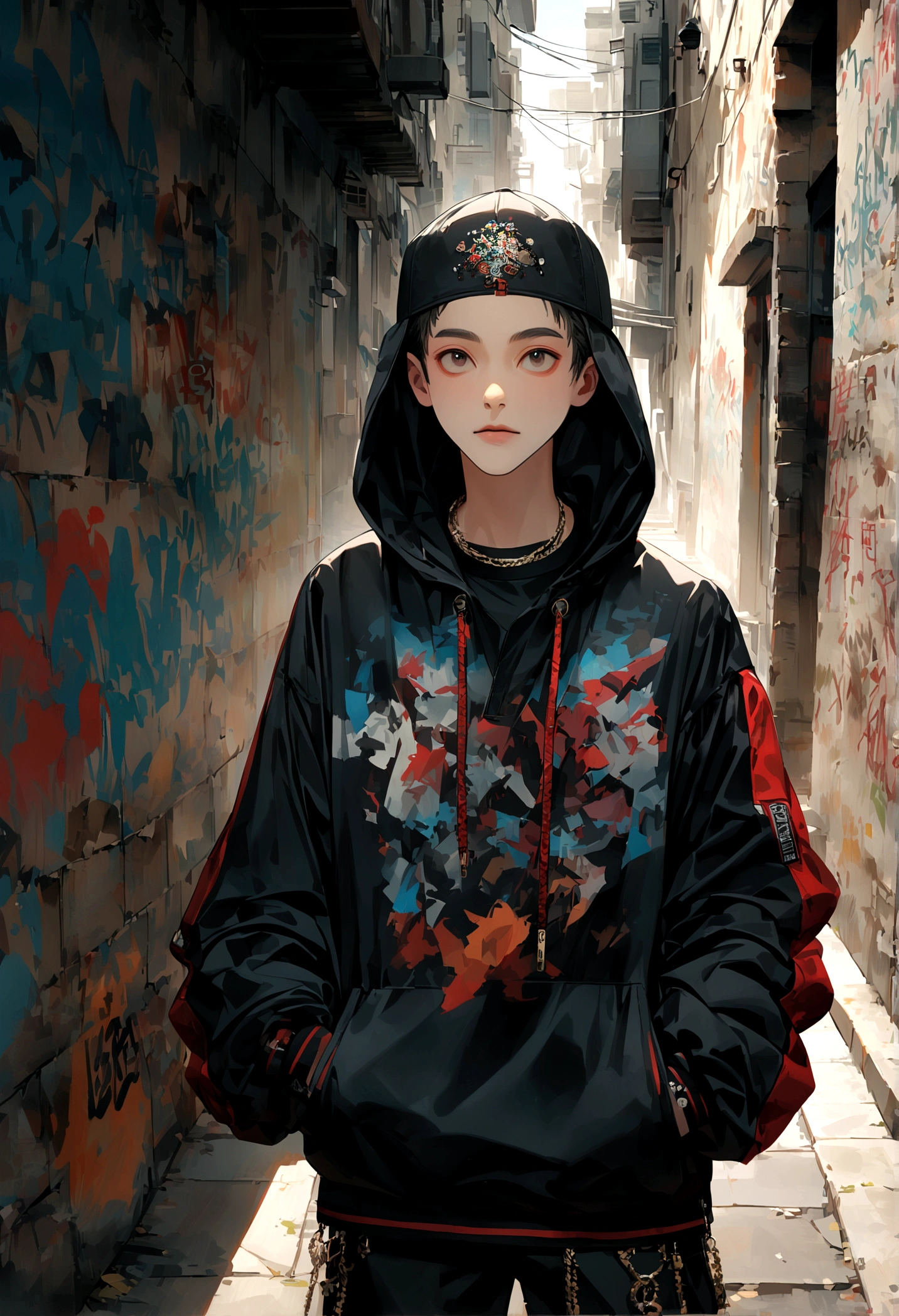 I'm on this road searching for , to change the unchanging future ,High definition,8K,wall,Hip-Hop,rapping,Alley,Graffiti on the wall,Hip Hop Fashion,Young man,cool