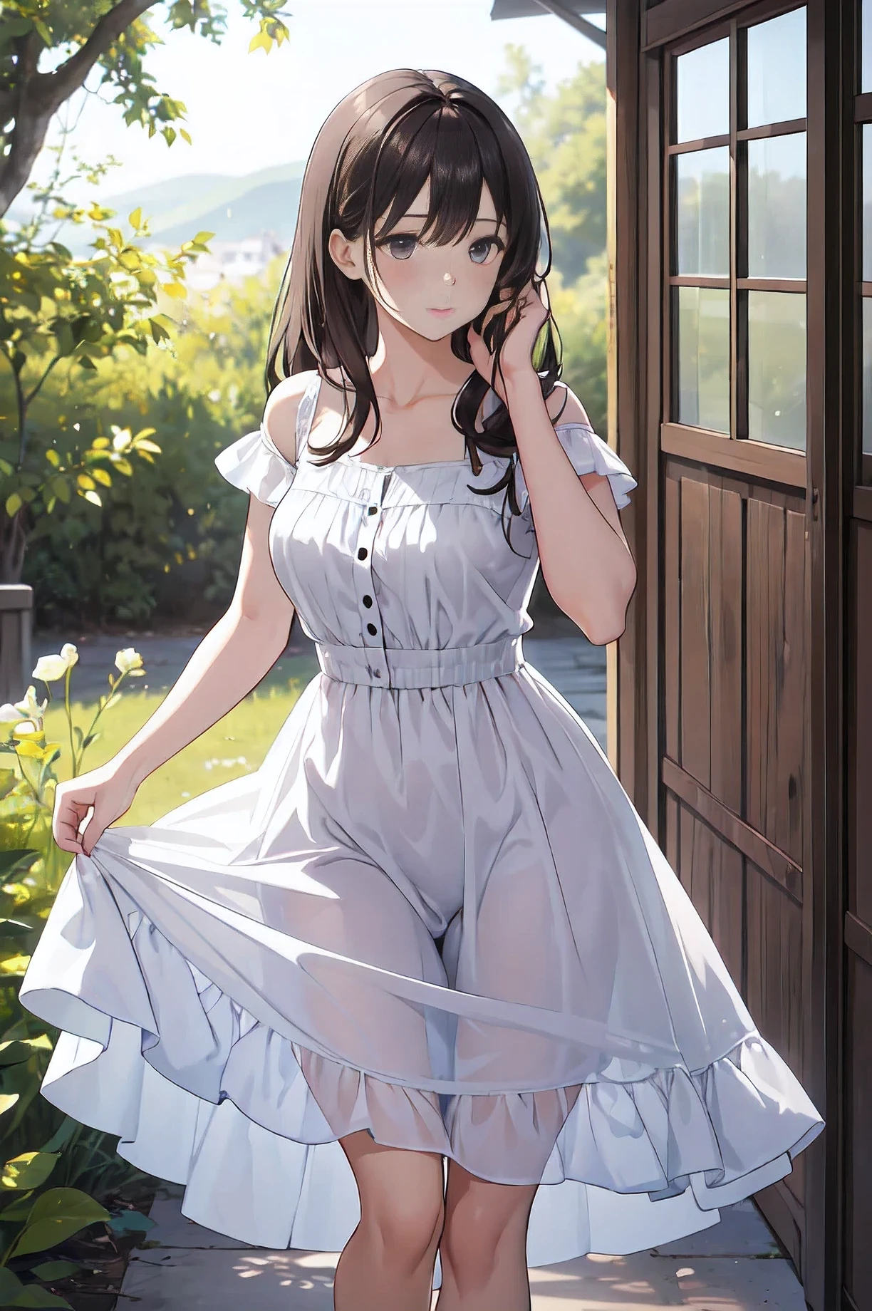 A beautiful woman with light delicately filtering through her hair, her summer dress is beautiful and she's standing in front of a cottage