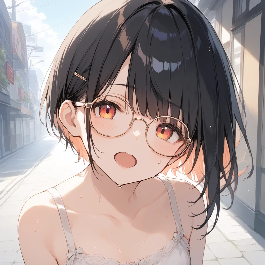 score_9, score_8_up, score_7_up, source_anime, best quality, masterpiece, official art, absurdres, highres, ultra-detailed,waifu2x,Collection: Slice of Life,break,1girl, very short hair,pixie cut, long bangs, glasses, small breasts, thighs, sweat, open mouth, (wavy mouth:0.3), outdoors, summer, break,(clear line illustration:1.2),very high resolution, very aesthetic, super detailed skin, Best sexual lighting powered by famous artist, 8k,cute picture,beauty illustration,photoshop_(medium),,(Detailed Lighting),best anime 8k konachan wallpaper, pixiv contest winner, 