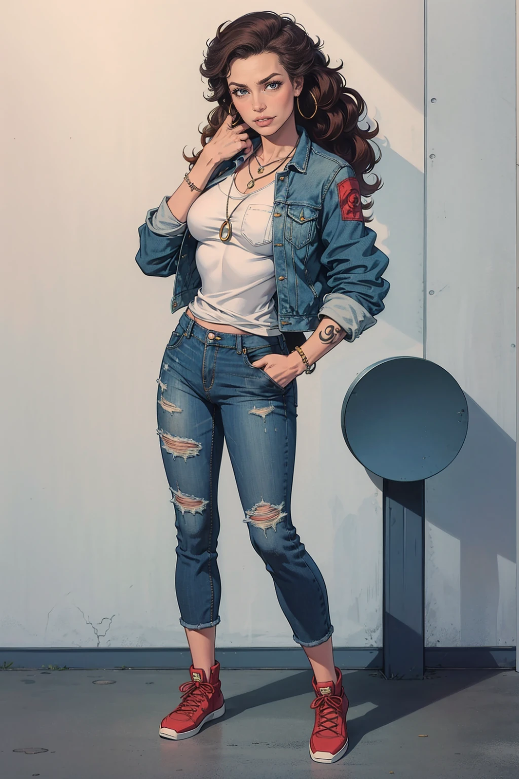(((full body photo))2 girl, long hair, looking at viewer, blue eyes, brown hair, shirt, jewelry, flat, jacket, white shirt, open clothes, pants, necklace, nail polish, open jacket, lips , black jacket, head tilt, tattoo, jeans, blue jacket, red nails, hand in pocket, jeans, patterned shirt, denim jacket, background: