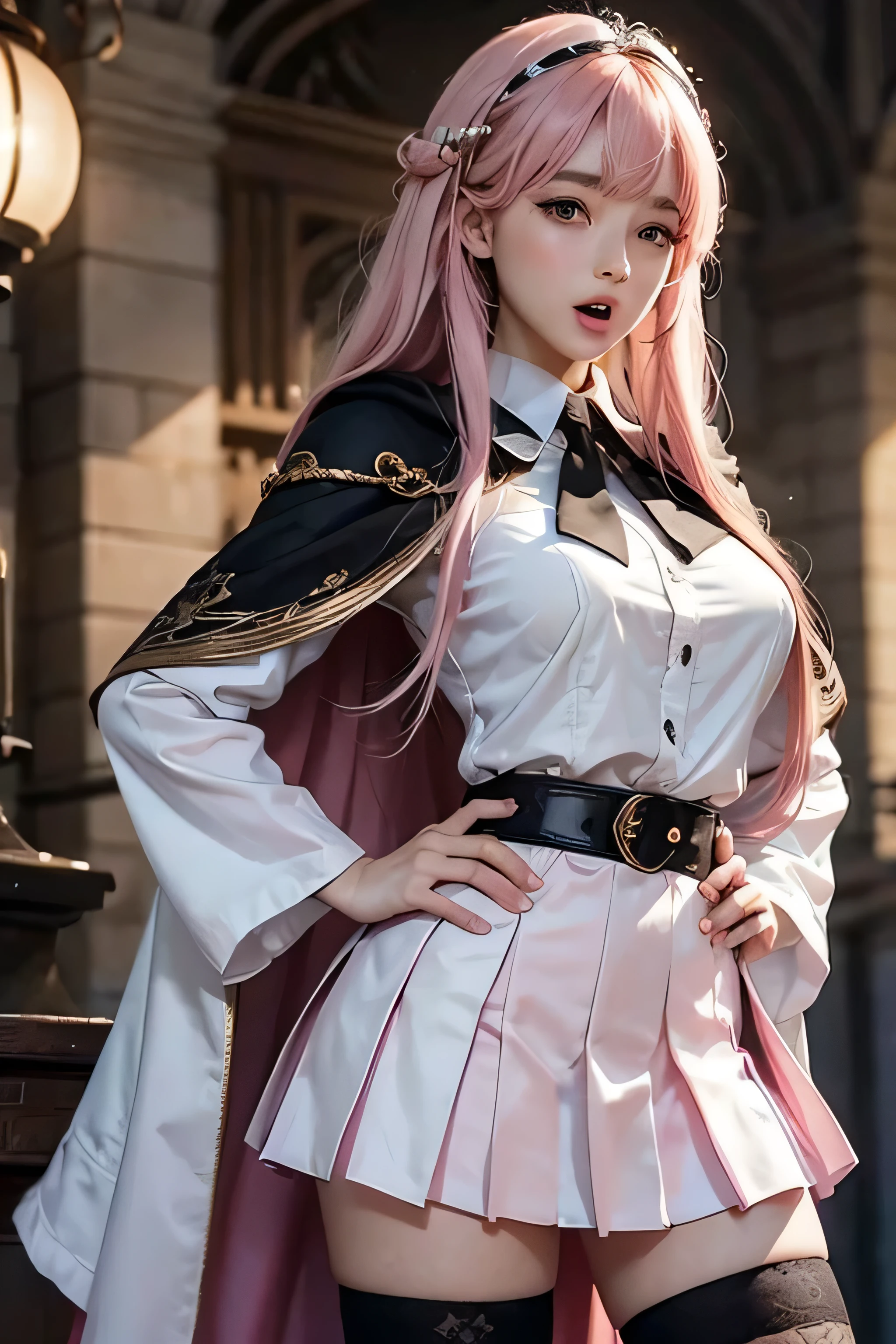 (masterpiece、Highest quality:1.4)、 (8K resolution、Ultra-high resolution:1.2)、 (Realistic:1.3)、Detailed depiction face、Eye for detailed depiction、Detailed skin、Detailed hair、Glowing Skin、 Human skin type、Japanese Idol、Very beautiful woman、Detail and beauty that cannot be captured in reality:1.3、 Elegant and perfect figure、 1 Girl、、 (Beautiful Bangs、Highly detailed hair、Glowing Skin、Lip gloss、Add highlights to the eyes、Double eyelids、Long hair to the waist length、Pastel pink hair、Scarlet Eyes、White knee socks、White shirt、Black Cape、black pleated skirt、Black Loafers、Break Glare,blush,Hands on hips、look down、Open your mouth:1.5)(Big boobs:1.5)、(Dim background、Inside a fantasy magic school、Lamplight:1.1)、Perfect finger shape、Very natural lighting、Please look closely at the camera、Very low camera angle