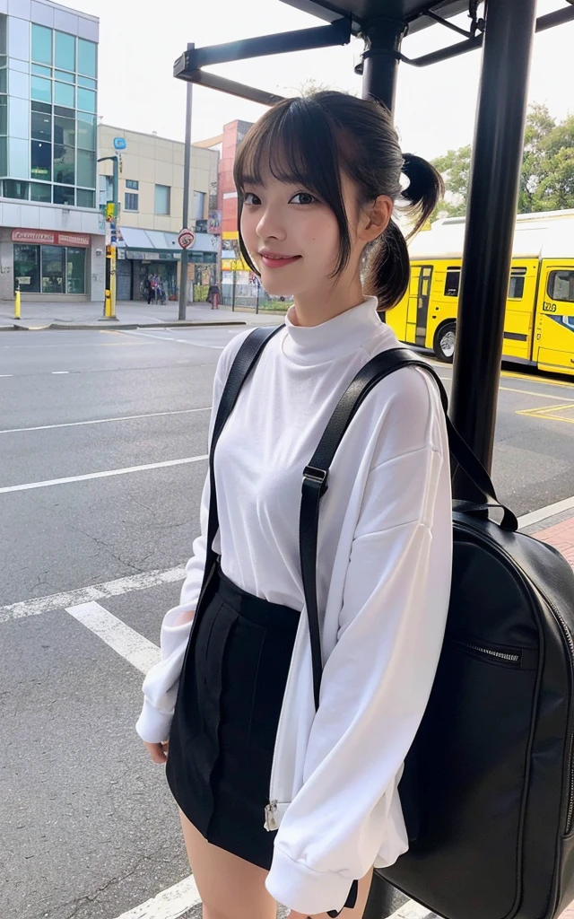 girl near bus-stop,stopped bus,long-sleeved ,school bag,18-year-old,bangs,a little smile,thighs,short cut hair,low ponytail,from below,frontlighting