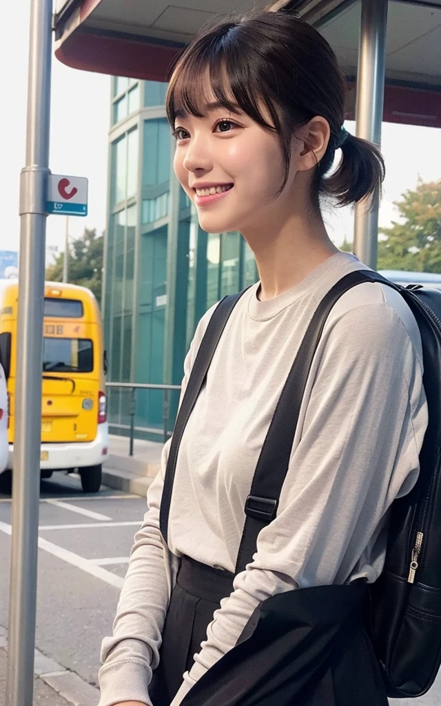 girl near bus-stop,stopped bus,long-sleeved ,school bag,18-year-old,bangs,a little smile,thighs,short cut hair,low ponytail,from below,frontlighting