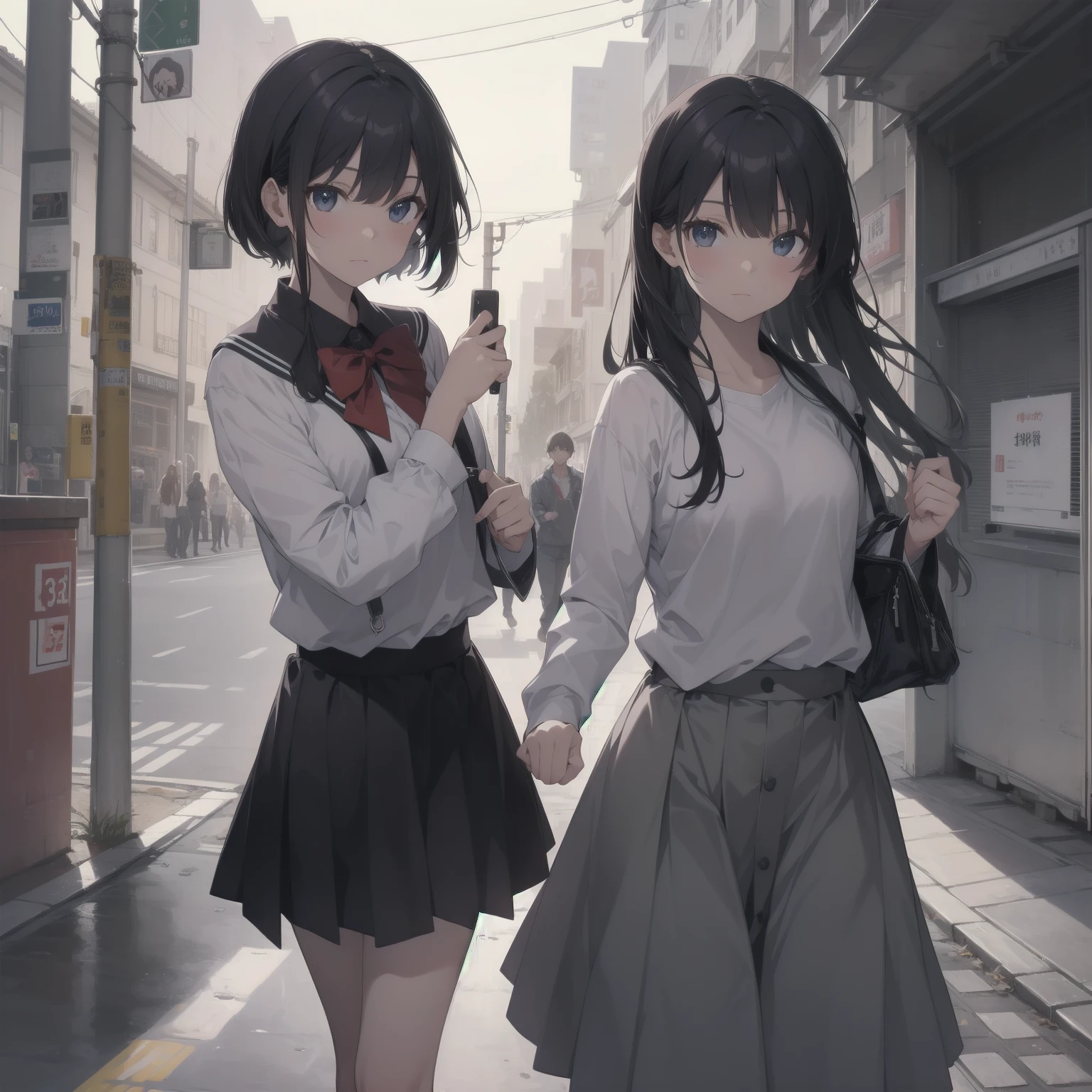 ultra-absurdres-Top quality by artist God, ultra-detailed, high resolution, anime moe artstyle, best anime 8k konachan wallpaper, pixiv contest winner, pool:2810, perfect anatomy,break, 1girl, (Please draw a girl walking sleepily to school alone. )break,(Solo,little female, 13-year-old:1.3),Full limbs, complete fingers,a junior high school student, (very short hair), short cut, flat chest, , small butt, small black eyes, beautiful detailed eyes, well-proportioned iris and pupils, expressive eyes, highres detailed hair, soft expression, salor school_uniform, sailor collar, serahuku, bow, pleated skirt,(Detailed Lighting), (Detailed background), in the School commute route. break,super detailed skin, Best cinematic lighting powered by famous artist, 8k,beauty illustration,photoshop_(medium),very aesthetic,break,((artist:null_(nyanpyoun) )), artist:clamp ,artist:carnelian ,artist:kantoku ,