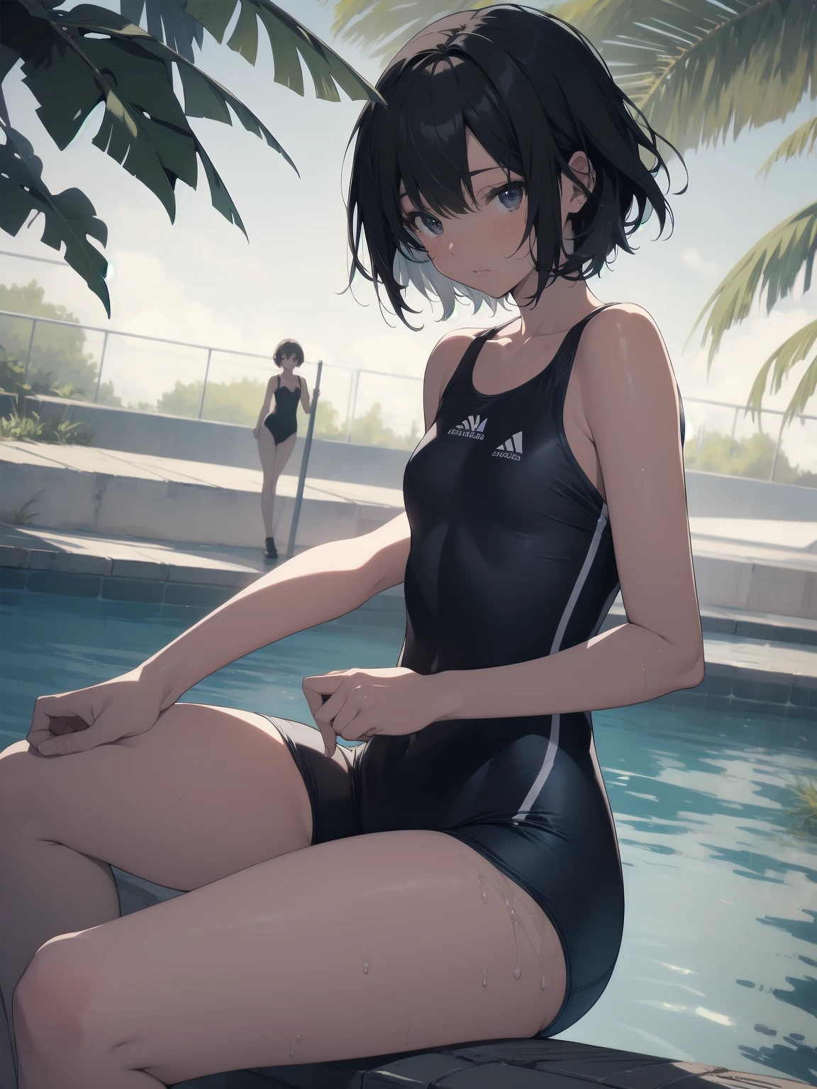 ultra-Top-quality by art God, ultra-detailed, high resolution, shinkai makoto style, anime moe artstyle, best anime 8k konachan wallpaper, pixiv contest winner, perfect anatomy, break,(Please draw a picture of a girl in a swimsuit sitting masturbation on a bench by the poolside alone.),break, a hyperrealistic school girl, parted lips, (Solo,lolita, kid, 13-year-old:1.3),Full limbs, complete fingers, androgynous charm, (very short hair), wet hair, small breasts,slender body, Small butt, groin, Small black eyes,hanme,beautiful detailed eyes, well-proportioned iris and pupils, sleepy eyes, highres detailed hair, swimsuit, wet swimsuit, bare shoulders, thighs, pussy juice, masturbation, in the school pool. break,super detailed skin, shiny skin, Best lighting powered by famous artist, 8k, illustration,UHD, textured skin,break,((artist:toosaka_asagi )), artist:clamp ,artist:carnelian ,artist:kantoku ,