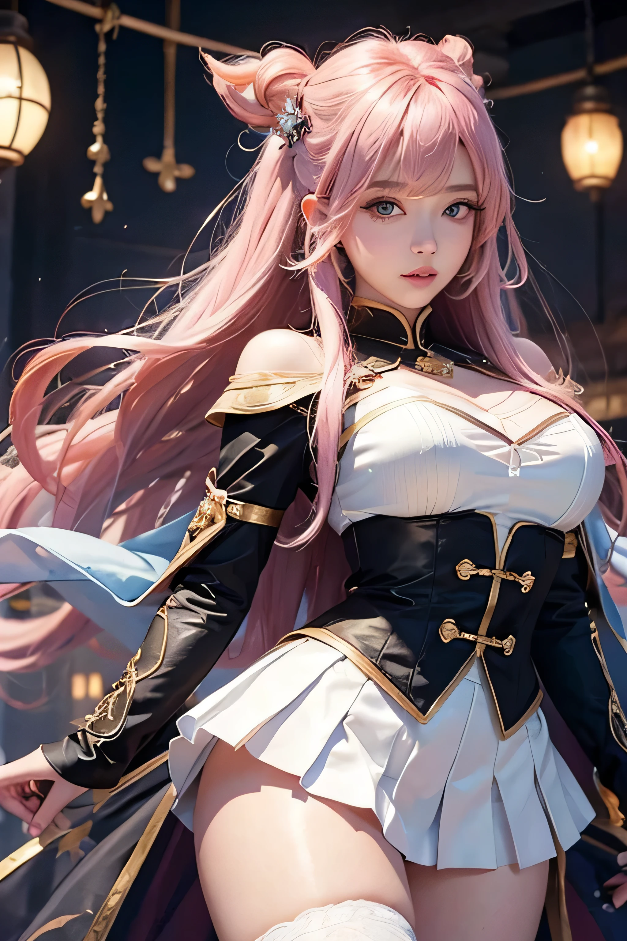 (masterpiece、Highest quality:1.4)、 (8K resolution、Ultra-high resolution:1.2)、 (Realistic:1.3)、Detailed depiction face、Eye for detailed depiction、Detailed skin、Detailed hair、Glowing Skin、 Human skin type、Japanese Idol、Very beautiful woman、Detail and beauty that cannot be captured in reality:1.3、 Elegant and perfect figure、 1 Girl、16 years old、 (Beautiful Bangs、Highly detailed hair、Glowing Skin、Lip gloss、Add highlights to the eyes、Double eyelids、Long hair to the waist length、Pastel pink hair、Scarlet Eyes、White knee socks、White shirt、Black cape and pleated skirt、Glare,blush,Hands on hips、look down、Open your mouth:1.5)(Big boobs:1.5)、(Dim background、Inside a fantasy magic school、Lamplight:1.1)、Perfect finger shape、Very natural lighting、Please look closely at the camera、Bend your waist