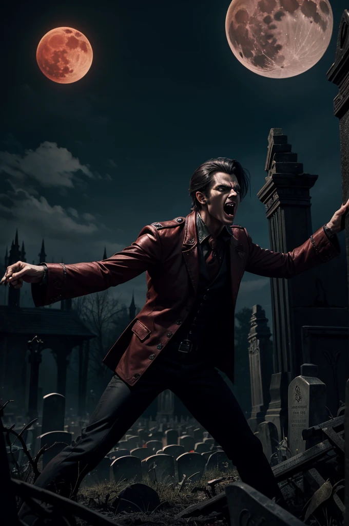 A male vampire standing aggressively on a graveyard, vampire bats are flying aggressively, night, horror, movie poster, oil painting effect, angry, motion, Indian, red eyeball, moon, long teeth, long nail,