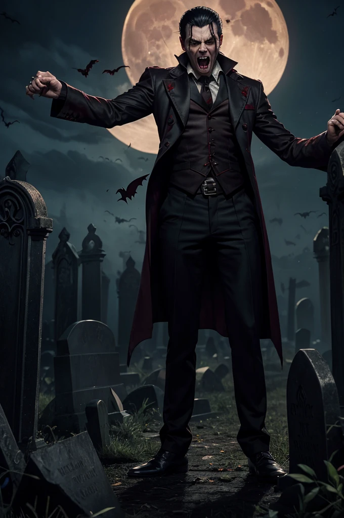 A male vampire standing aggressively on a graveyard, vampire bats are flying aggressively, night, horror, movie poster, oil painting effect, angry, motion, Indian, red eyeball, moon, long teeth, long nail,