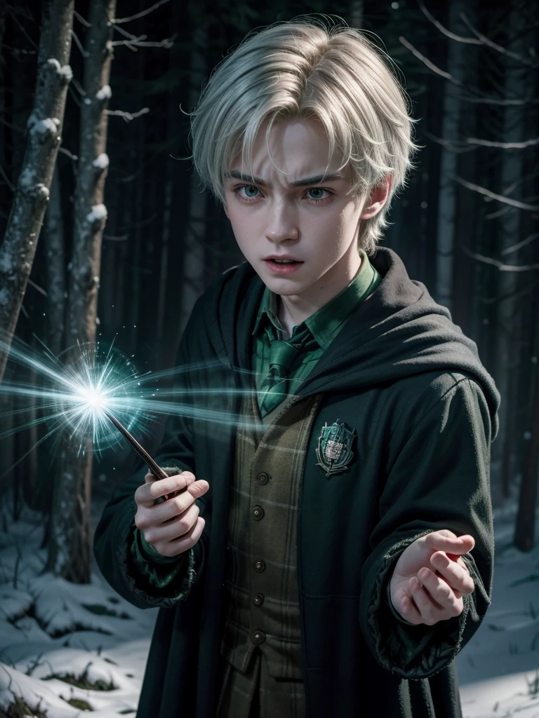 Boy character from the magical universe of Harry Potter in front of a dark forest, angry facial expression, death eaters around, Slytherin house clothes, snow-white hair ruffled, wand with green aura around, Avada Kedavra, 4K anime-style, RGB lighting,