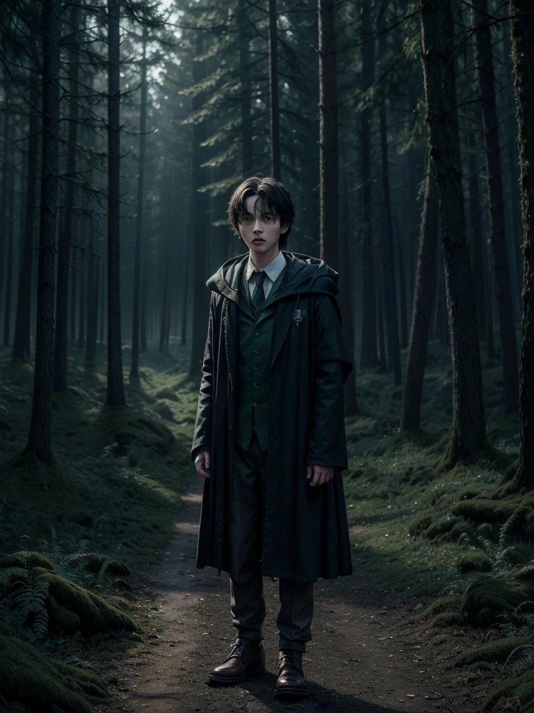 Boy character from the magical universe of Harry Potter in front of a dark forest, angry facial expression, death eaters around, Slytherin house clothes, snow-white hair ruffled, wand with green aura around, Avada Kedavra, 4K anime-style, RGB lighting,