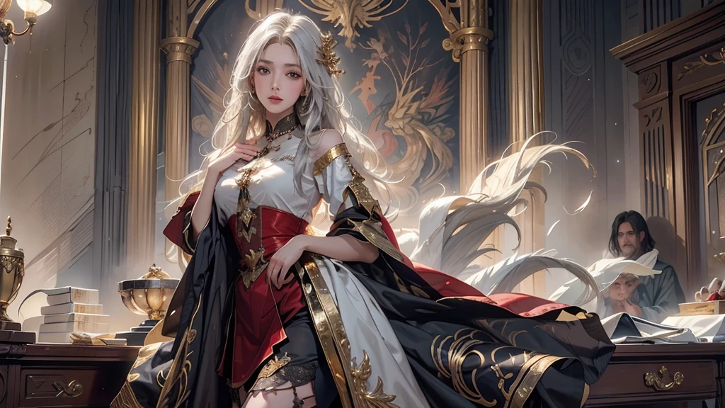 ((​masterpiece, highest quality)), detailed face, CharacterDesignSheet，Full Body Esbian, full of detail, Multiple poses and expressions, muito detalhado, depth, many parts，beuaty girl，cinema lights，shine with light，Rot und Gold，Phoenix Decoration，light yarn，Lace，Lacenstrumpfhose，High Heels