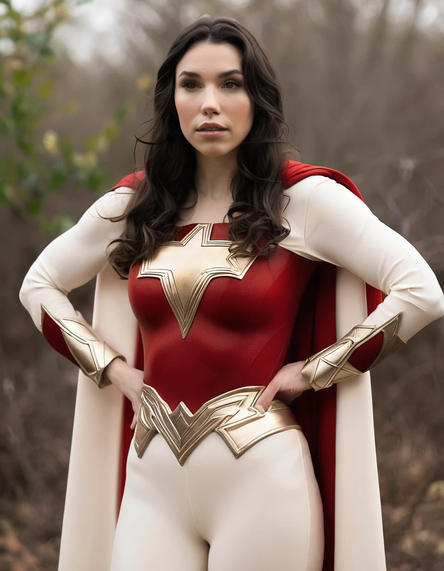 professional portrait photo of Grccrlncrry woman, looking at the camera, highly detailed, skin texture , cosplaying as Mary Marvel