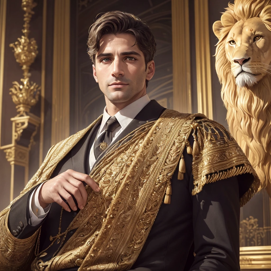 a portrait of a 34-year-old Constantine the Great, reviving in modern times, with a gentle smile, strong lion-like eyes, an overwhelming aura of a dominant ruler, wearing a high-end suit, successful businessman, inside a grand hall, with the glittering of Istanbul's jewels, a fantastical and metropolitan night scene, (best quality,8k,highres,masterpiece:1.2),ultra-detailed,(realistic,photorealistic,photo-realistic:1.37),extremely detailed eyes and face, beautiful detailed eyes, beautiful detailed lips, longeyelashes,cinematic lighting,dramatic lighting,volumetric lighting,dramatic contrast,vivid colors,intricate details,chiaroscuro,cinematic composition,imposing presence,regal bearing,charismatic expression