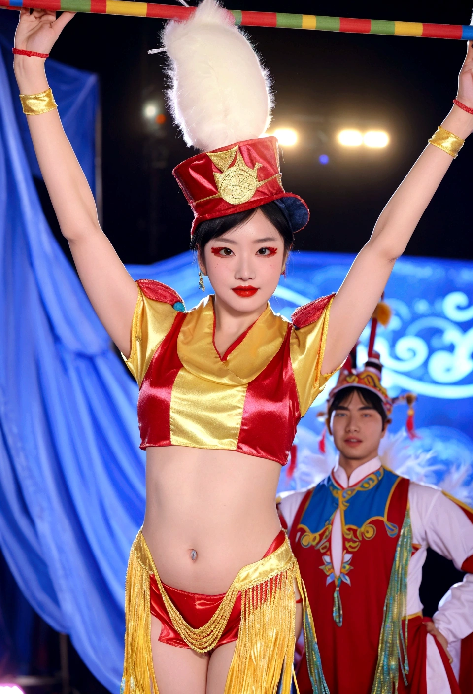 araffe dressed in a Costumes and a hat holding a pole, celebration Costumes, Female dancer, circus performance, A young woman like Genghis Khan, tai Costumes, Costumes, Go-go dancer, elaborate Costumes, Shashi, festival, chinese Costumes, Chinese Ribbon Dance, Music programs, Perform on stage, award winning Costumes design, beautiful Costumes, joy