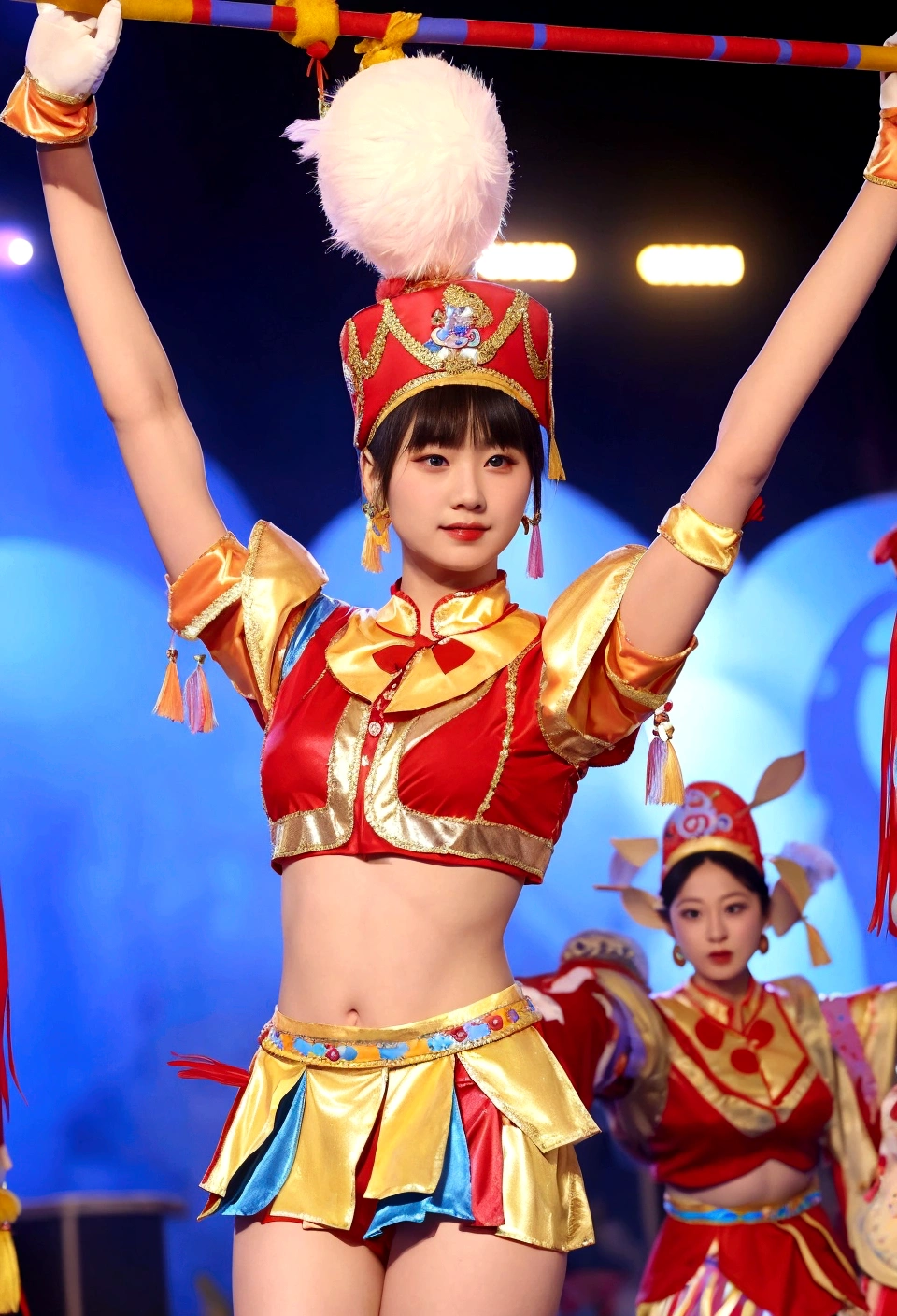 araffe dressed in a Costumes and a hat holding a pole, celebration Costumes, Female dancer, circus performance, A young woman like Genghis Khan, tai Costumes, Costumes, Go-go dancer, elaborate Costumes, Shashi, festival, chinese Costumes, Chinese Ribbon Dance, Music programs, Perform on stage, award winning Costumes design, beautiful Costumes, joy