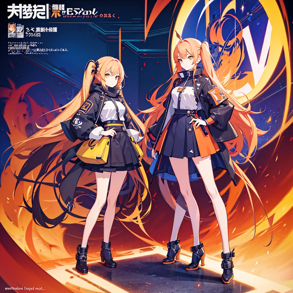 (((full body photo)))3girl, a concept art design for an orange vtuber, detailed design, super unique, full body, fashion