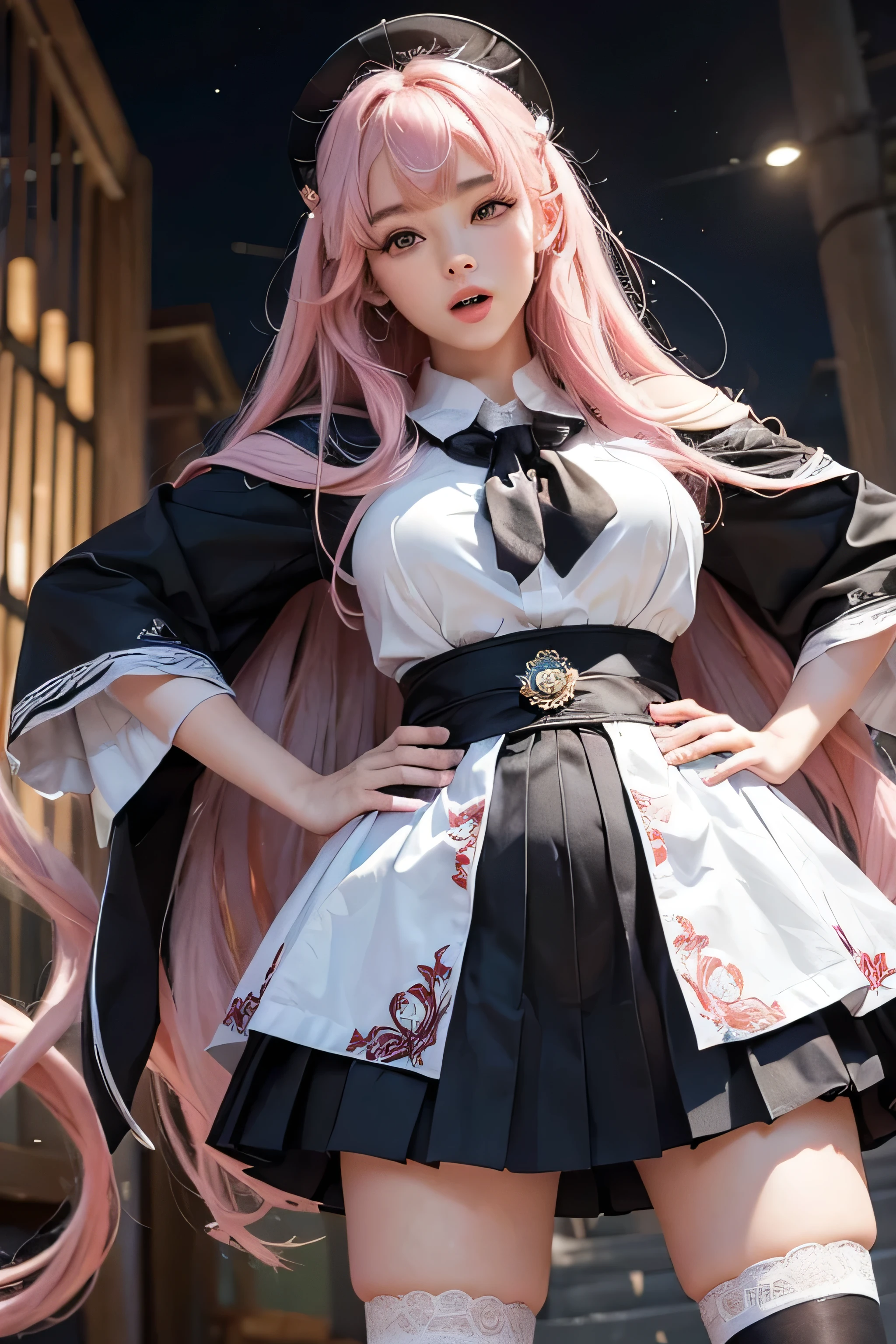 (masterpiece、Highest quality:1.4)、 (8K resolution、Ultra-high resolution:1.2)、 (Realistic:1.3)、Detailed depiction face、Eye for detailed depiction、Detailed skin、Detailed hair、Glowing Skin、 Human skin type、Japanese Idol、Very beautiful woman、Detail and beauty that cannot be captured in reality:1.3、 Elegant and perfect figure、 1 Girl、16 years old、 (Beautiful Bangs、Highly detailed hair、Glowing Skin、Lip gloss、Add highlights to the eyes、Double eyelids、Long hair to the waist length、Pastel pink hair、Scarlet Eyes、White knee socks、White shirt、Black Cape、black pleated skirt、Black Loafers、Break, your scornful face、blush,Hands on hips、look down、Open your mouth:1.5)(Big boobs:1.5)、(Dim background、Inside a fantasy magic school、Lamplight:1.1)、Perfect finger shape、Strong highlights from below、Please look closely at the camera、Very low camera angle