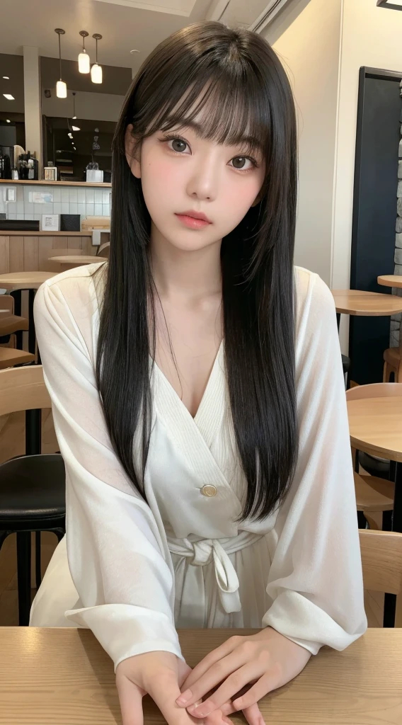 beautiful Japanese woman,double eyelid,clear skin,round face,long face,Swept bangs,in the tokyo,short by DSLR,Adoravle 18 years old,head shot,from front,long hair,at the cafe