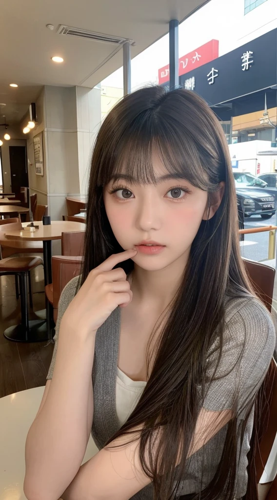 beautiful Japanese woman,double eyelid,clear skin,round face,long face,Swept bangs,in the tokyo,short by DSLR,Adoravle 18 years old,head shot,from front,long hair,at the cafe