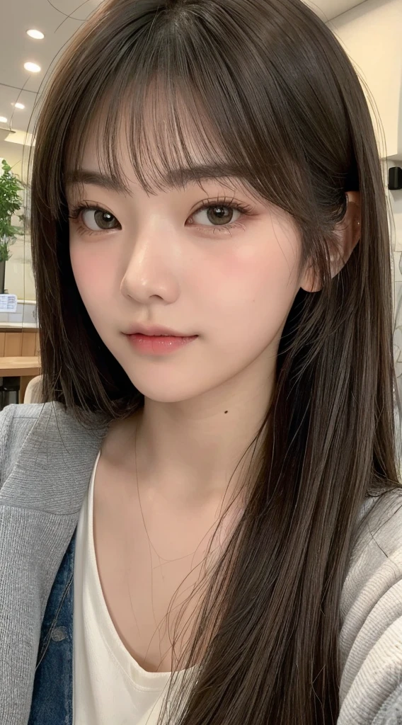 beautiful Japanese woman,double eyelid,clear skin,round face,long face,Swept bangs,in the tokyo,short by DSLR,Adoravle 18 years old,head shot,from front,long hair,at the cafe