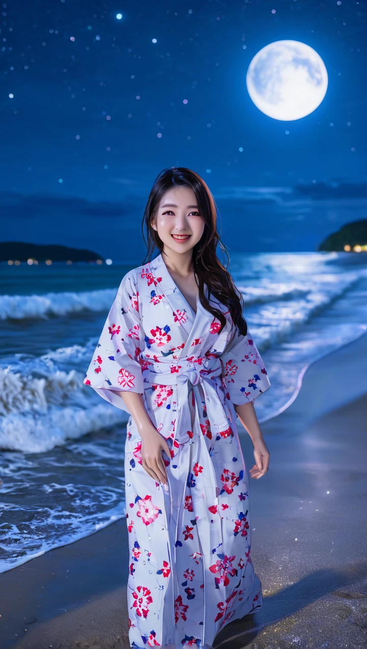At night by the seaside with twinkling stars and a shining moon, a cute Japanese woman in a properly worn yukata walks happily along the shore, holding up her hem slightly to avoid getting wet by the waves
