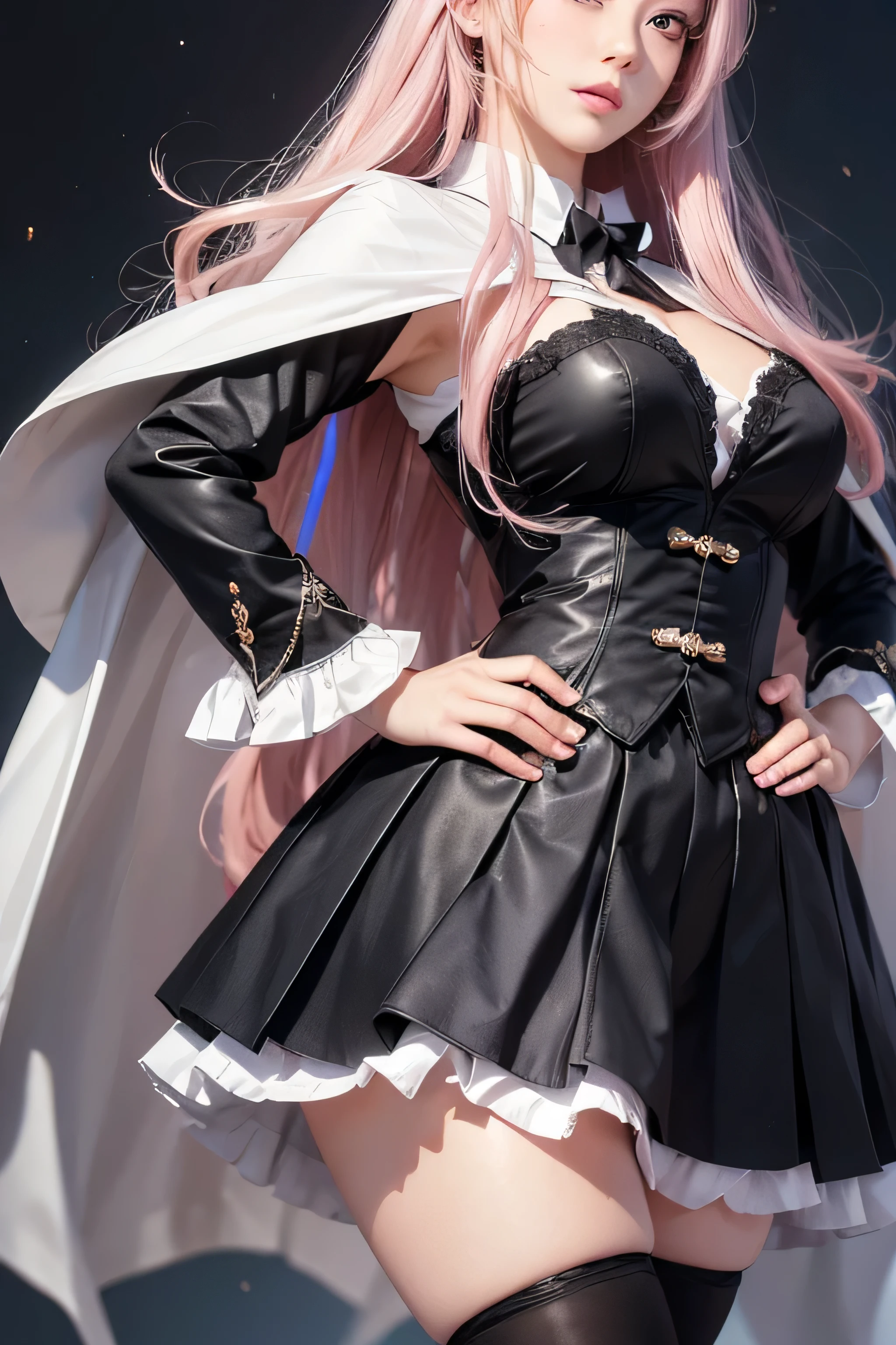 (masterpiece、Highest quality:1.4)、 (8K resolution、Ultra-high resolution:1.2)、 (Realistic:1.3)、Detailed depiction face、Eye for detailed depiction、Detailed skin、Detailed hair、Glowing Skin、 Human skin type、Japanese Idol、Very beautiful woman、Detail and beauty that cannot be captured in reality:1.3、 Elegant and perfect figure、 1 Girl、、 (Beautiful Bangs、Highly detailed hair、Glowing Skin、Lip gloss、Add highlights to the eyes、Double eyelids、Long hair to the waist length、Pastel pink hair、Scarlet Eyes、White knee socks、White shirt、Black Cape、black pleated skirt、Black Loafers、Break Embarrassed expression、blush,Hands on hips、look down、Puff out your cheeks:1.5)(Big boobs:1.5)、(Dim background、Inside a fantasy magic school、Lamplight:1.1)、Perfect finger shape、Strong highlights from below、(Look closely at the camera)、Very low camera angle