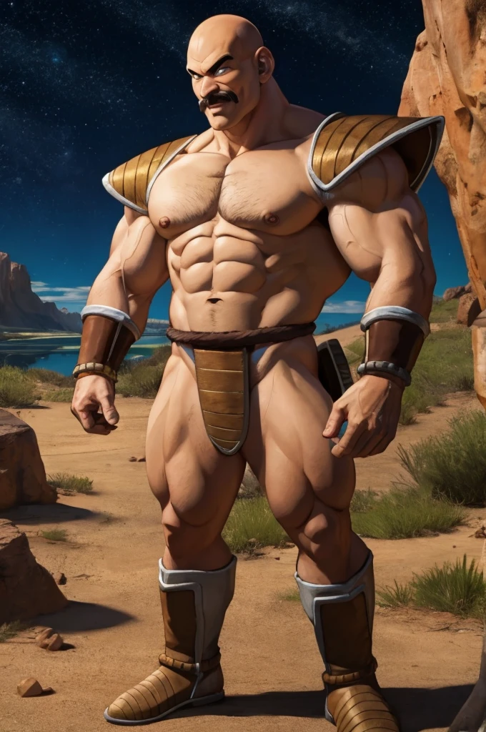 nappa, male focus, solo,cowboy shot, 1boy, bald, nipples, muscular male, abs,black vambraces, veins, pectorals, thighs, black eyes, topless male, mustache , tail around waist, (best quality, masterpiece) , , outdoors, micro armor , shoulder armor, breastplate, upper body, closed mouth, pauldrons, night, night sky, boots , shirtless , (glass thong) , full body , bare foot