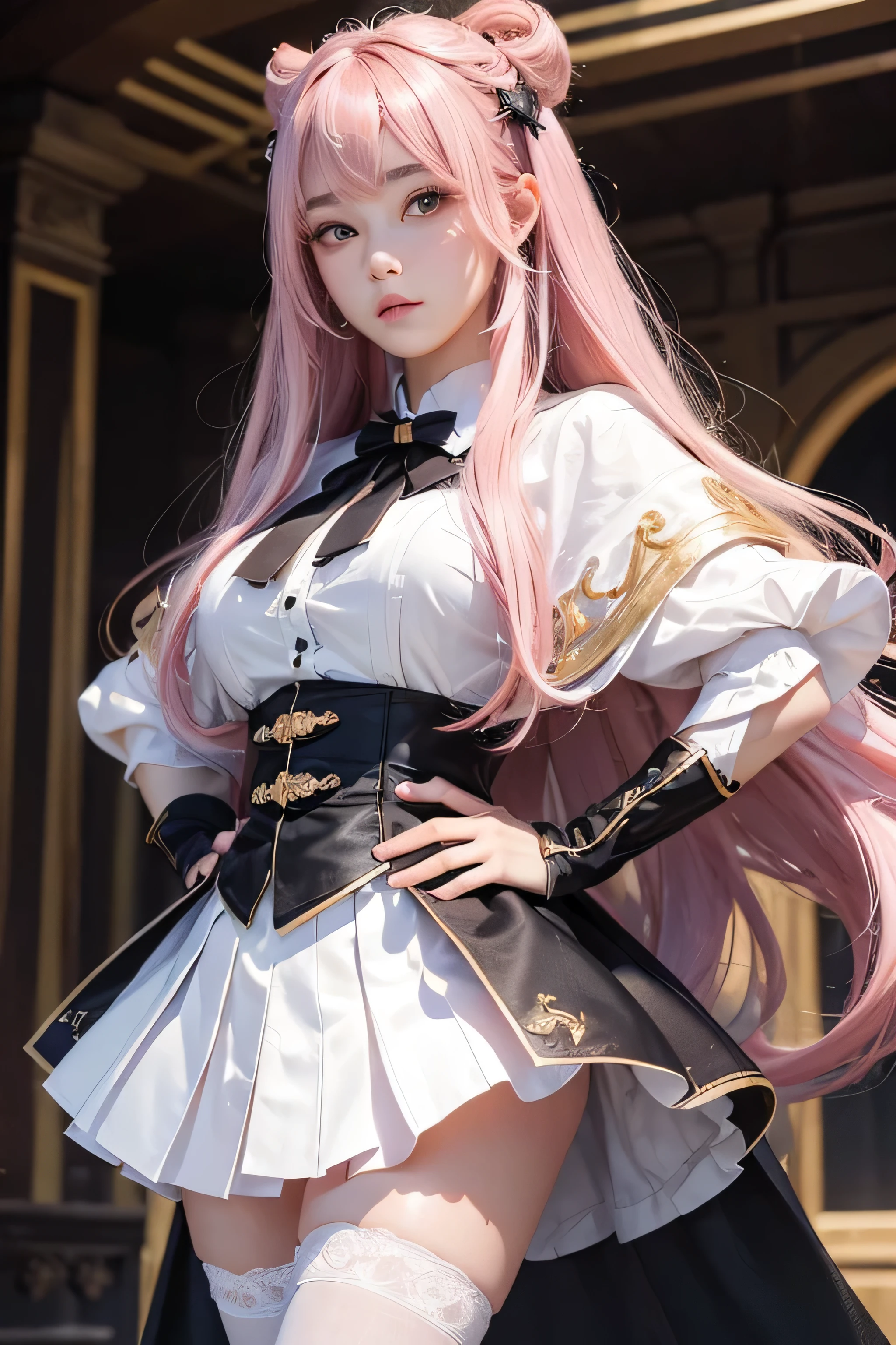 (masterpiece、Highest quality:1.4)、 (8K resolution、Ultra-high resolution:1.2)、 (Realistic:1.3)、Detailed depiction face、Eye for detailed depiction、Detailed skin、Detailed hair、Glowing Skin、 Human skin type、Japanese Idol、Very beautiful woman、Detail and beauty that cannot be captured in reality:1.3、 Elegant and perfect figure、 1 Girl、、 (Beautiful Bangs、Highly detailed hair、Glowing Skin、Lip gloss、Add highlights to the eyes、Double eyelids、Long hair to the waist length、Pastel pink hair、Scarlet Eyes、White knee socks、White shirt、Black Cape、black pleated skirt、Black Loafers、Break Embarrassed expression、blush,Hands on hips、look down、Puff out your cheeks:1.5)(Big boobs:1.5)、(Dim background、Inside a fantasy magic school、Lamplight:1.1)、Perfect finger shape、Strong highlights from below、(Look closely at the camera)、Very low camera angle