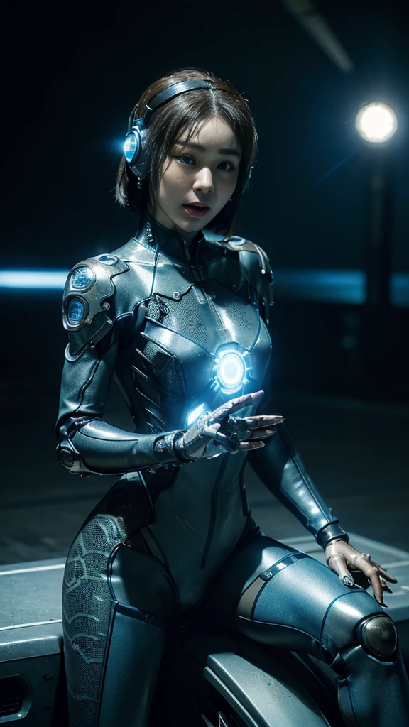 (((A woman with a mechanized body))), dynamic podium: 1.3), (realistic:1.5), (realistic:1.4), 8k, Super detailed beautiful girl, 1 girl, (a sunny day:1.5), intricate body details, (short: 1.3), (highest quality: 1.0), (Super high sharpness: 1.0), (thin hair:1.4),(Beautiful and delicate depiction of eyes),((((ride a motorcycle)))),unreal engine:1.4,photorealistic:1.4, skin texture:1.4, masterpiece:1.8,highest quality at best,(Wearing the communication headset、future city、((cybernetics))、Blue Wear、Metal fingers、long limbs、((joints are gears))