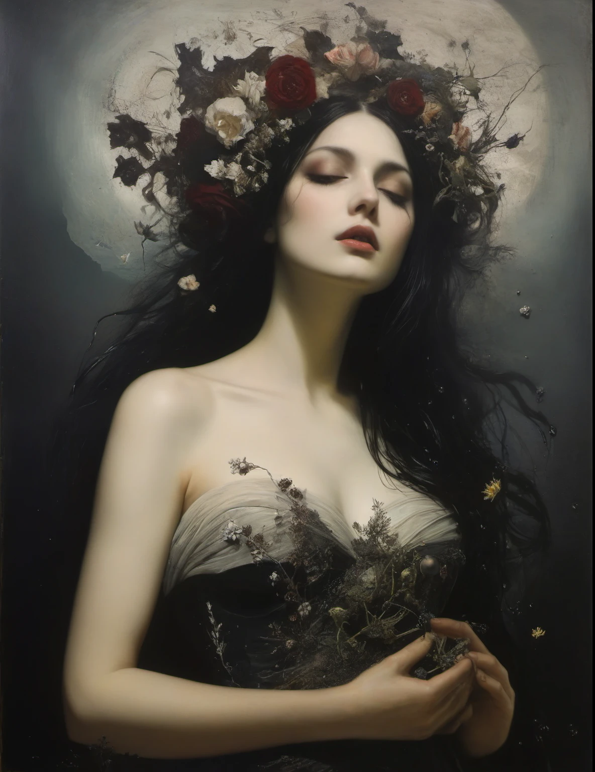 James Gurney, Surrealist art , dream-like, mysterious, Provocative, symbolic, Complex, detailed,, (Gothic but very beautiful:1.4), (masterpiece, Highest quality:1.4) , Nicola Samori Style, Siren with flowers growing from her chest