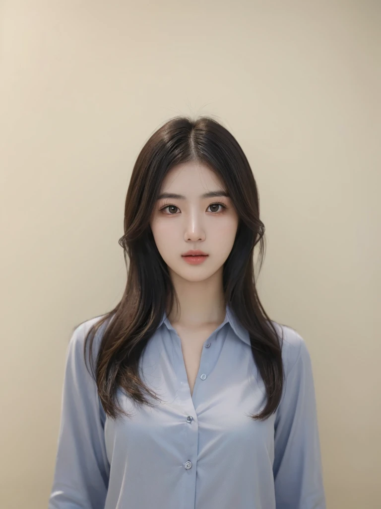 Best Quality, 8k, Masterpiece, (Portrait: 1.3), (photo realistic:1.4), (hyper realistic:1.4), Sharp Focus, looking at viewer, (smoother lighting:1.1), (increase cinematic lighting quality:0.9), realistic lighting, backlighting, light on face, ray trace, (brightening light:1.2), (Increase quality:1.4), sharp detail, (best quality real texture skin:1.4), finely detailed eyes, black_eyes, finely detailed face, 25 year old Korean woman, (white formal_shirt:1.4), (Create an image maintaining the original base model hairstyle:1.5)