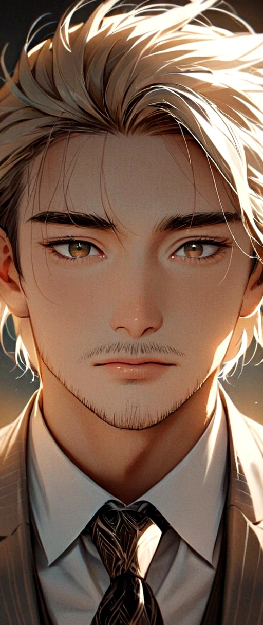 A close-up shot of a man with an expression of deep concentration, the one on the left. His attire consists of a well-tailored suit and a tie that knots perfectly, its vibrant hue adding a touch of sophistication to his appearance. The intricate patterns on the tie catch the light, making it stand out against his crisp white shirt. The shot is taken with extreme clarity and detail, each thread of the fabric visible under the sharp focus of the lens. The scene is set in a professional setting, with muted, artistic tones dominating the background, further emphasizing the man's distinguished look.