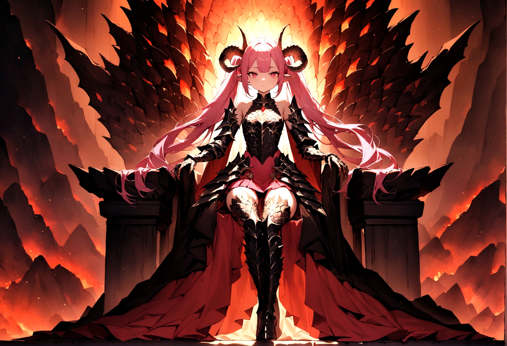 a young empress sitting on an elaborate throne in a volcano-themed room. The throne is covered with red, dragon-like scales, giving it a majestic and powerful appearance. The empress has long pink hair styled in twintails, and her eyes are also pink. She has a pair of elegantly curved horns on her head. She is wearing a dark, ornate armor-like outfit with intricate details, including a cropped top and a skirt with jagged edges, all resembling dragon scales. She also has dragon-scaled gauntlets and thigh-high boots. The overall scene should convey a sense of intensity and regality, with the dim lighting and volcanic theme enhancing the dramatic atmosphere.. Best quality. Masterpiece. Ultra detailed fingers.