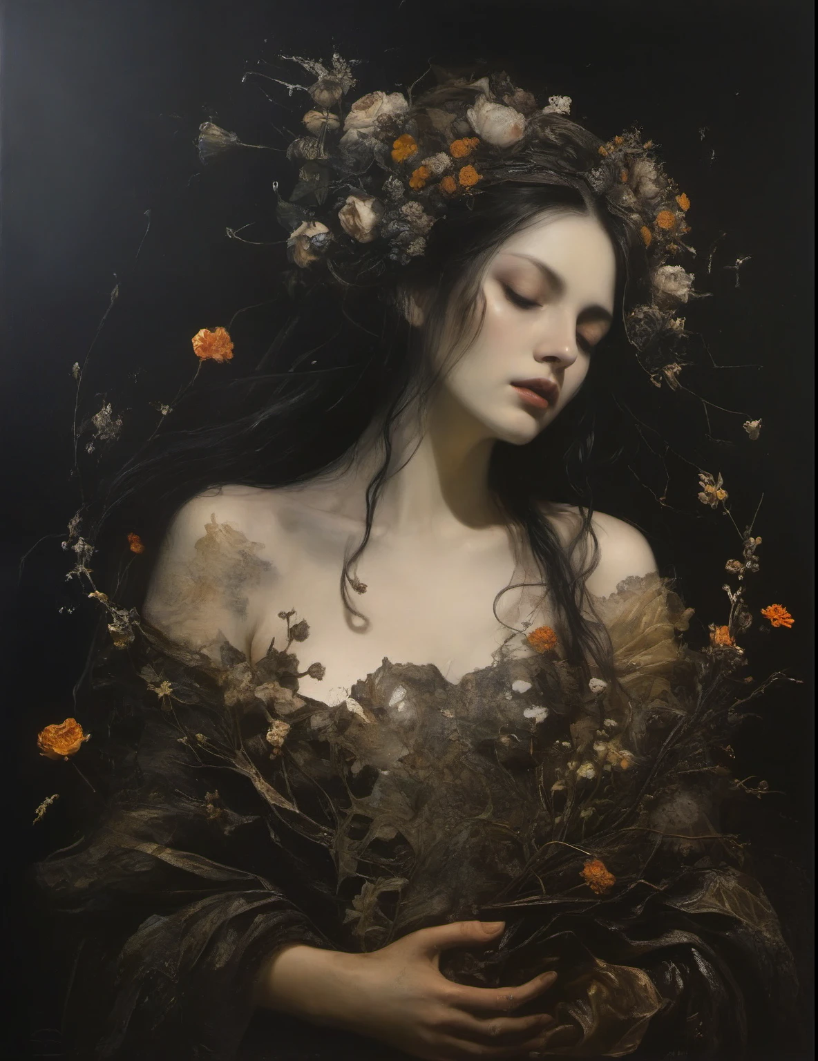 James Gurney, Surrealist art , dream-like, mysterious, Provocative, symbolic, Complex, detailed,, (Gothic but very beautiful:1.4), (masterpiece, Highest quality:1.4) , Nicola Samori Style, Siren with flowers growing from her chest