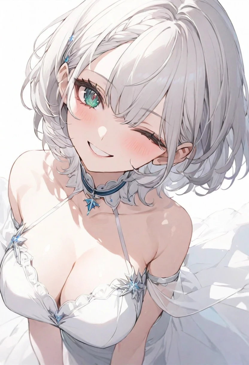 (muste piece), (best quality), very detailed eyes, expressive eyes, perfect face, very detailed face, highly detailed face, beautiful girl, 8K, beautiful girl, white background, delicate and beautiful face and eyes, dark intense shadow,
1 girl, vtuber style, cool girl, hololive, Shirogane Noel, silver hair, see-through:evening dress, big chest, cropped shoulders, clavicle, one eye close winking, smile, (full body), standing,
