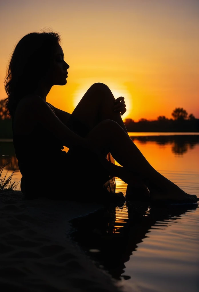 realistic photo, evening pond, peace and quiet, dark silhouette of a beautiful woman sitting on the shore against the background of the setting sun, reflections on the water, beautiful colors, dark shadows, low angle shot, close-up, raw photo