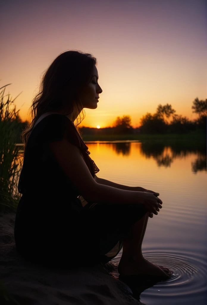 realistic photo, evening pond, peace and quiet, dark silhouette of a beautiful woman sitting on the shore against the background of the setting sun, reflections on the water, beautiful colors, dark shadows, low angle shot, close-up, raw photo