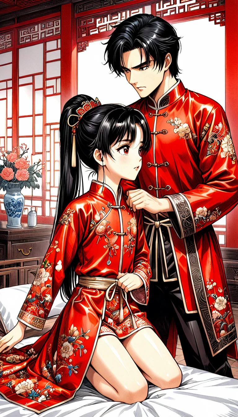 A tragic historical drama in 8k live-action style: Beautiful palace secrets　A beautiful 10-year-old Chinese Kung Fu princess with long black hair is being examined by a doctor　Gorgeous embroidery, Ultra glossy, She is wearing a shiny red top and bottom long sleeve floral pajama kung fu suit....　　