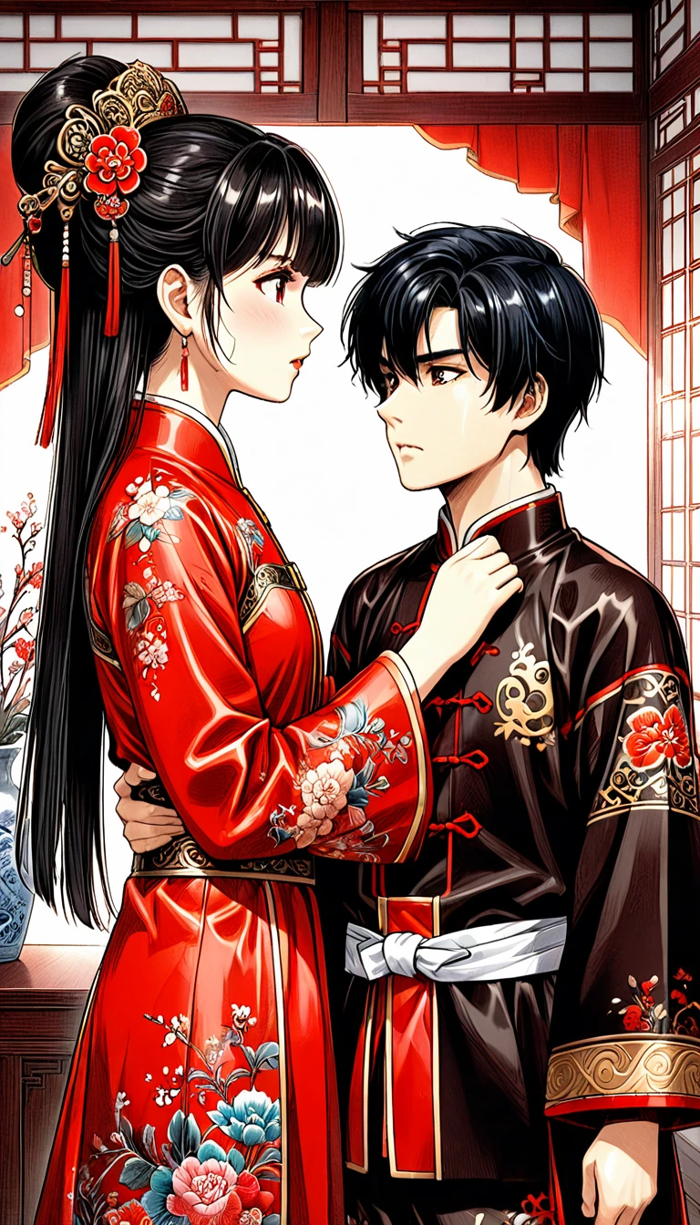 A tragic historical drama in 8k live-action style: Beautiful palace secrets　A beautiful -yeld Chse Kung Fu princess with long black hair is being examined by a doctor　Gorgeous embroidery, Ultra glossy, She is wearing a shiny red top and bottom long sleeve floral pajama kung fu suit....　　