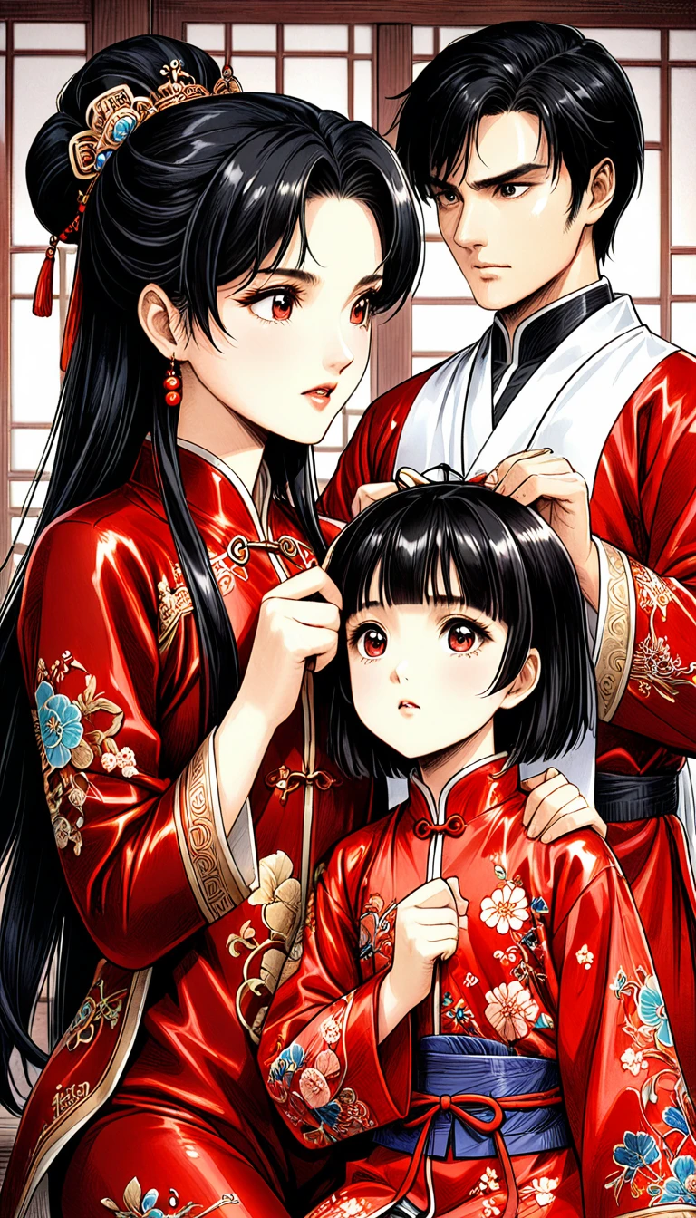 A tragic historical drama in 8k live-action style: Beautiful palace secrets　A beautiful -yeld Chse Kung Fu princess with long black hair is being examined by a doctor　Gorgeous embroidery, Ultra glossy, She is wearing a shiny red top and bottom long sleeve floral pajama kung fu suit....　　