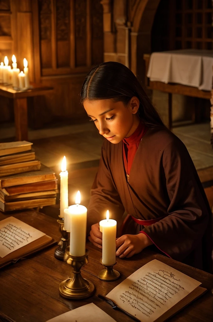 A medieval writer inside a monastery, by candlelight, writing on parchment with a quill