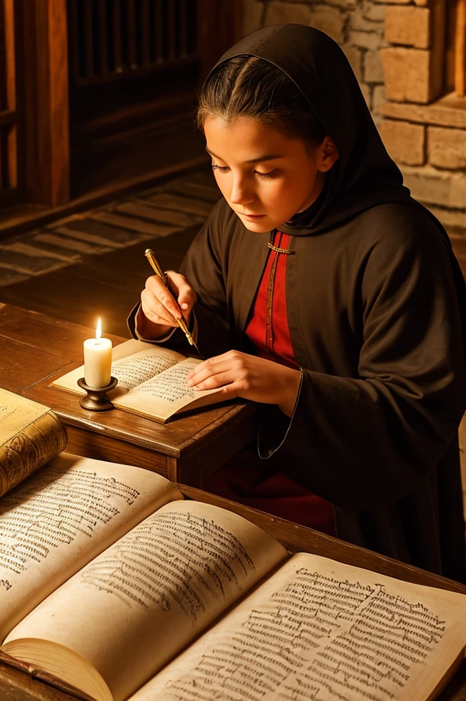 A medieval writer inside a monastery, by candlelight, writing on parchment with a quill