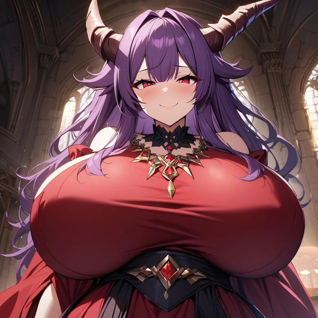 1girl,solo,purple hair color,long hair,dragon's horn, red eyes,Black and red mixed dress,Gorgeous necklace,super huge breasts,slender,condescending look,smile,near,castle,in gorgeous room