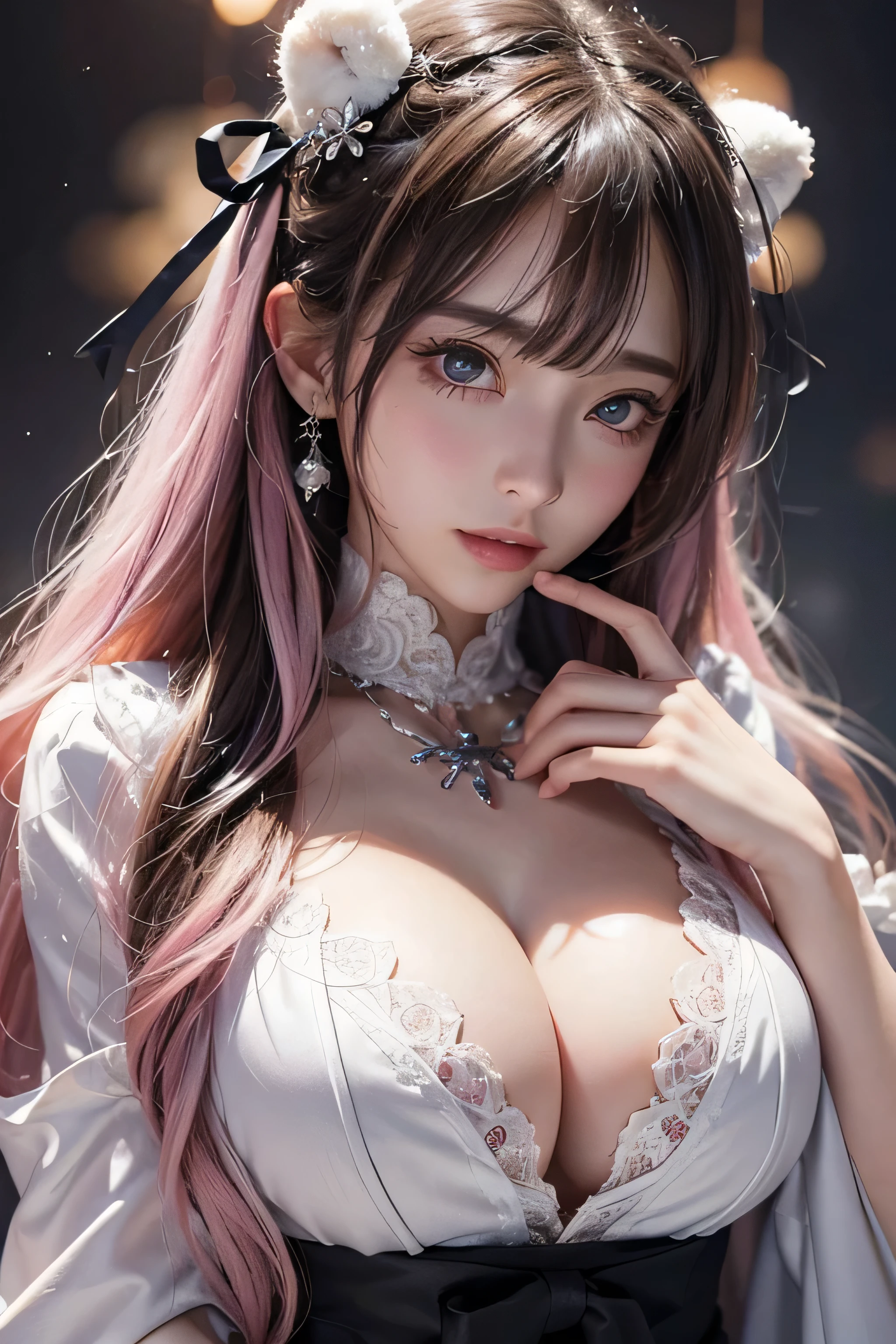 (masterpiece、Highest quality:1.4)、 (8K resolution、Ultra-high resolution:1.2)、 (Realistic:1.3)、Detailed depiction face、Eye for detailed depiction、Detailed skin、Detailed hair、Glowing Skin、 Human skin type、Japanese Idol、Very beautiful woman、Detail and beauty that cannot be captured in reality:1.3、 Elegant and perfect figure、 1 Girl、、 (Beautiful Bangs、Highly detailed hair、Glowing Skin、Lip gloss、Add highlights to the eyes、Double eyelids、Long hair to the waist length、Pastel pink hair、Scarlet Eyes、White knee socks、White shirt、Black Cape、black pleated skirt、Black Loafers、Break Embarrassed expression、blush、Stand with hands on hips、look down、Puff out your cheeks:1.5)(Big boobs:1.5)、(Dim background、Inside a fantasy magic school、Lamplight:1.1)、Perfect finger shape、Strong highlights from below、(Look closely at the camera)、Spectators looking up from below