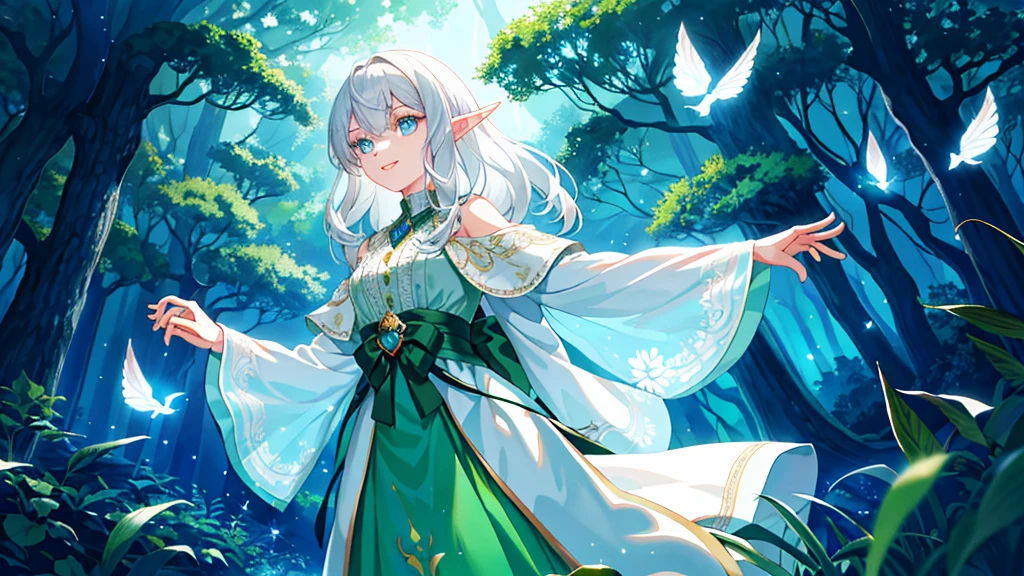 Under the protective cover of a majestic old oak tree, a young elf girl sleeps peacefully. Her silver hair spreads like a sparkling stream across the carpet of green moss, framing her delicate face. She is dressed in a light silk dress, emerald green in color, dotted with floral patterns that seem to dance in the light of the stars. Her pointy ears protrude gracefully from her hair, testifying to her elven heritage. A serene smile floats on her pink lips, while her thin eyelids hide deep blue eyes. All around her, the forest is plunged into an enchanting silence, disturbed only by the gentle murmur of the wind and the distant song of an owl. The fireflies float gently around his sleeping body, creating a magical, ethereal aura, as if time itself had decided to slow down to preserve this moment of pure tranquility.