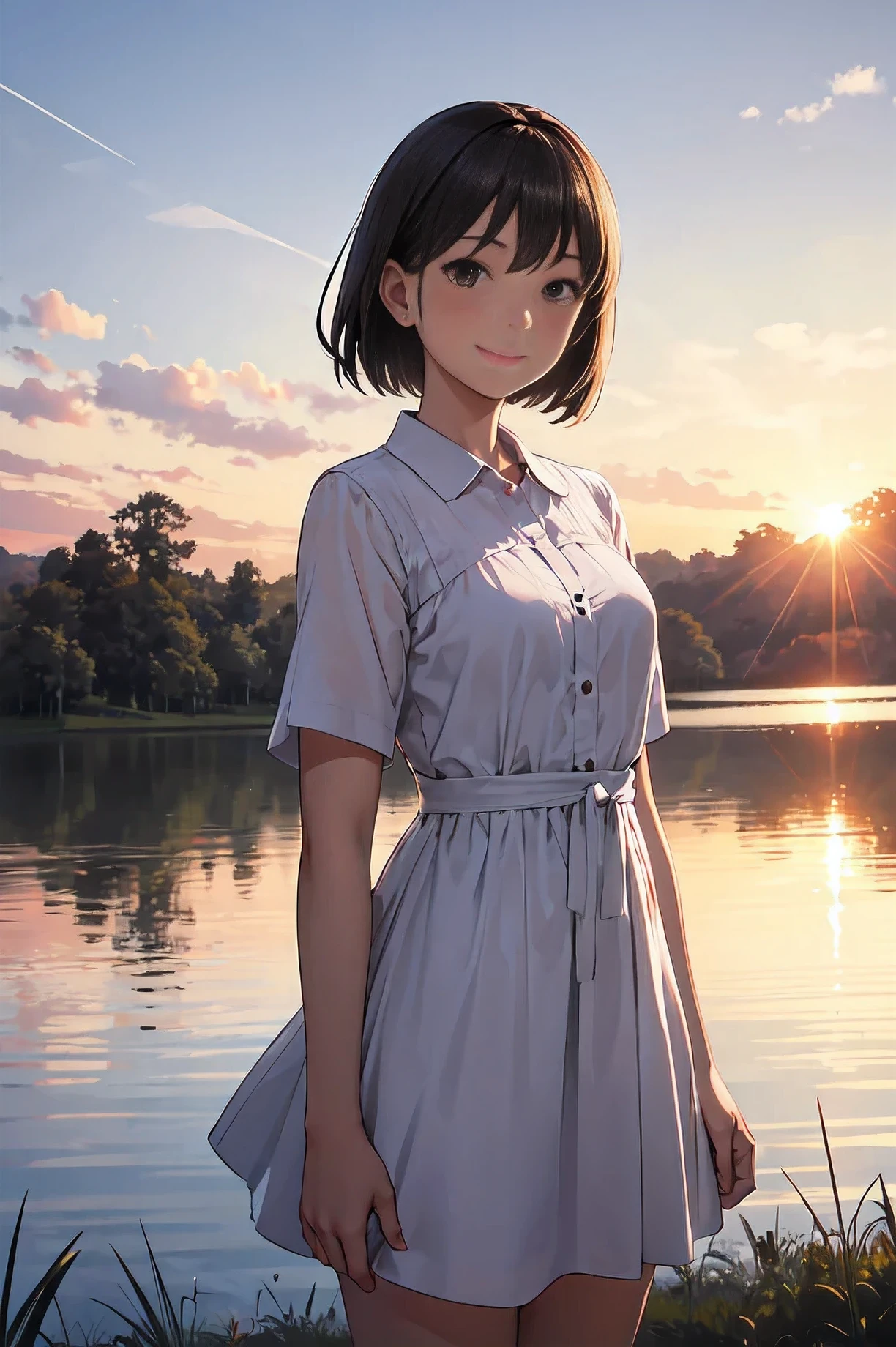 1girl, mature female, sunset, lake, forest, smile