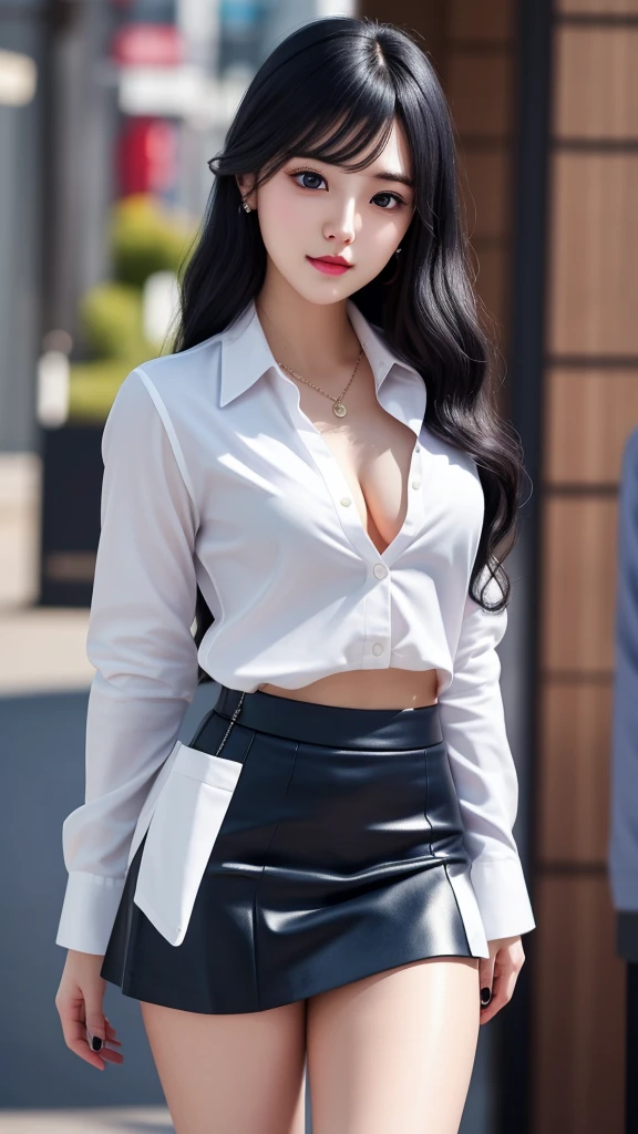 (Surreal), (figure), (High resolution), (8K), (Very detailed), (best figure), (Beautiful and delicate eyes), (Highest quality), (Very detailedな), (masterpiece), (wallpaper), (Detailed face), Realistic Skin, Anatomically correct, alone, 1 Girl, (Wavy black hair:1.4), (Beautiful Susie:1.7), (Beautiful and cute JAV idols:1.7), heterochromatic eyes, (Detailed blue eyes), (A faint smile:1.1), (:1.2), Navy Blue Formal Blazer, White shirt, (Open chest),
Black mini skirt, (Long and beautiful legs), Toned Abs, Dynamic pose,