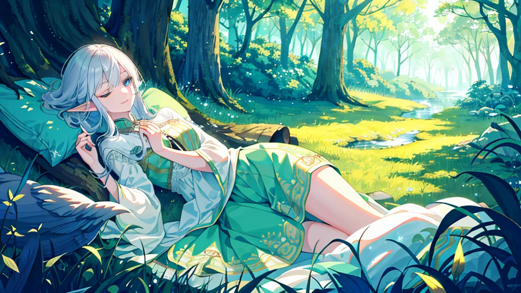 Under the protective cover of a majestic old oak tree, a young elf girl sleeps peacefully. Her silver hair spreads like a sparkling stream across the carpet of green moss, framing her delicate face. She is dressed in a light silk dress, emerald green in color, dotted with floral patterns that seem to dance in the light of the stars. Her pointy ears protrude gracefully from her hair, testifying to her elven heritage. A serene smile floats on her pink lips, while her thin eyelids hide deep blue eyes. All around her, the forest is plunged into an enchanting silence, disturbed only by the gentle murmur of the wind and the distant song of an owl. The fireflies float gently around his sleeping body, creating a magical, ethereal aura, as if time itself had decided to slow down to preserve this moment of pure tranquility.sleeping